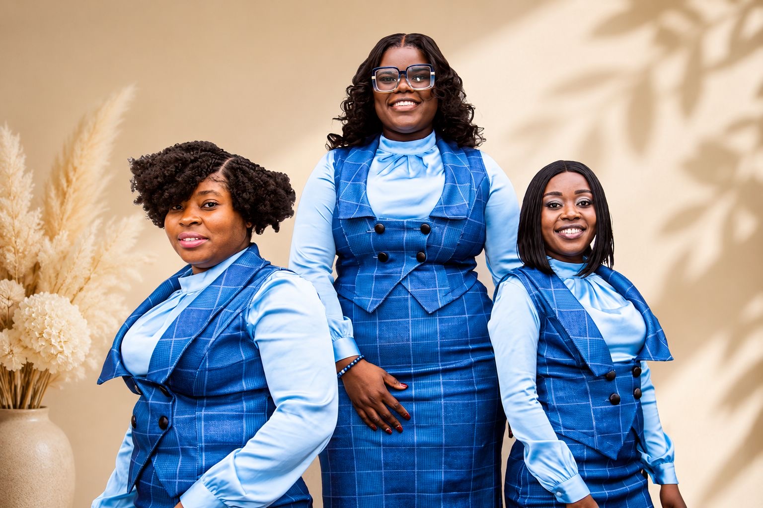 Three MAS-B Vocal Ministry singers in blue plaid ministry attire posing in a studio portrait