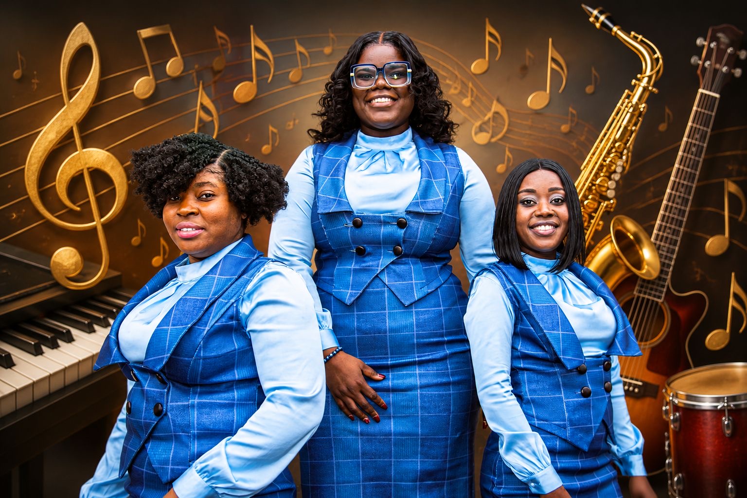 Three MAS-B Vocal Ministry members in blue ministry outfits with musical instruments and notes in the background